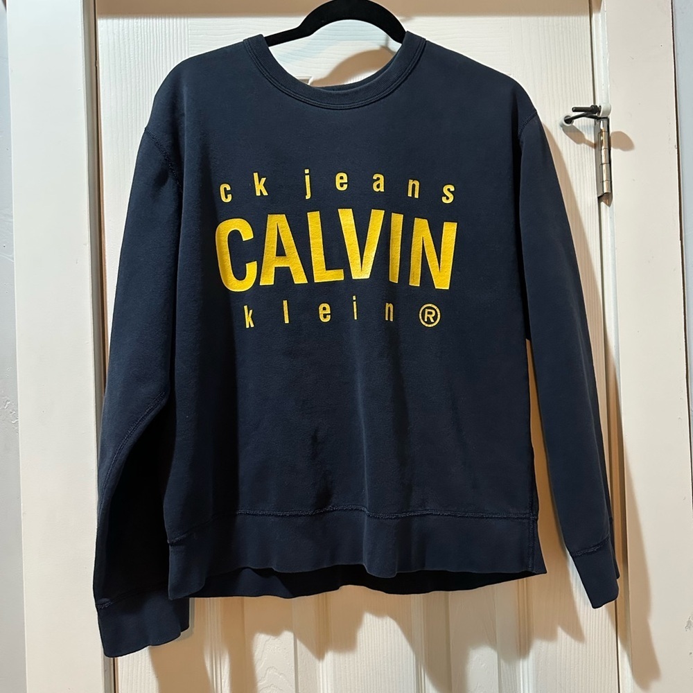 Calvin Klein Jeans Blue Yellow Logo Boxy Crewneck Sweatshirt Pullover Womens
